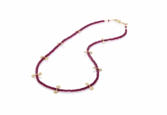 Rich red ruby rondelles with 18ct gold features and clasp