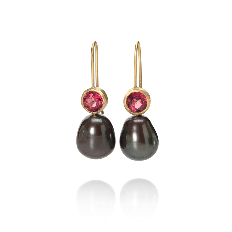 Drop earrings with faceted garnets and dark peacock pearls